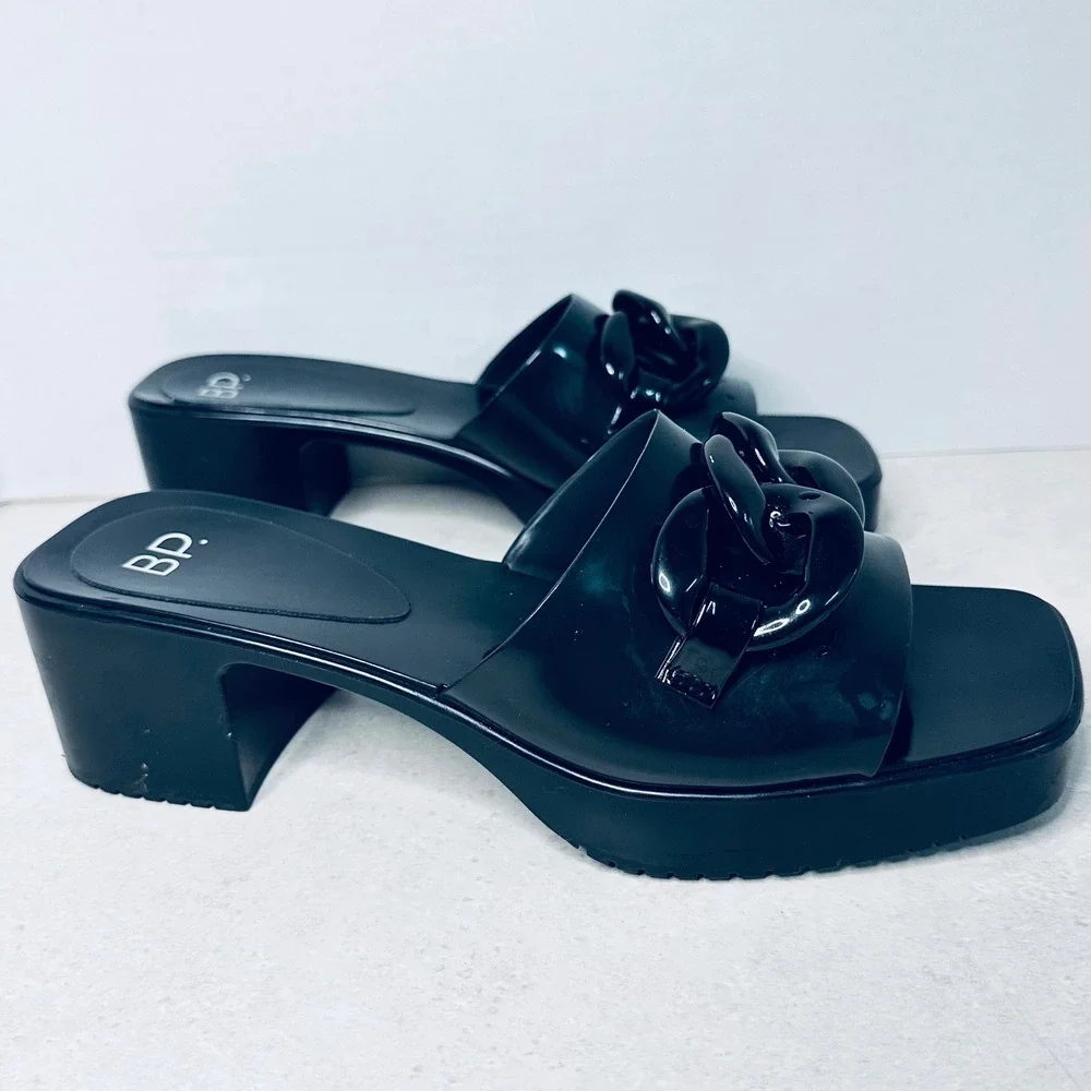 BP Black Jelly Platform Slide Sandals Chain Link Block Heel Square Toe 9M - Picture 2 of 6